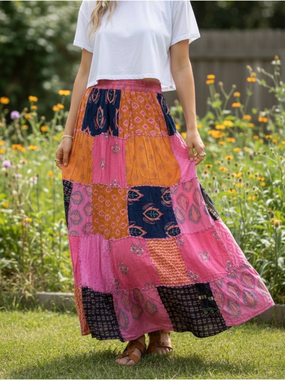 Boho Patchwork Maxi Skirt in Pink & Orange